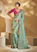 Monjolika Fashion Surpassing Sea green Embroidery Cut Dana Moti Work Kanchipuram Silk Saree