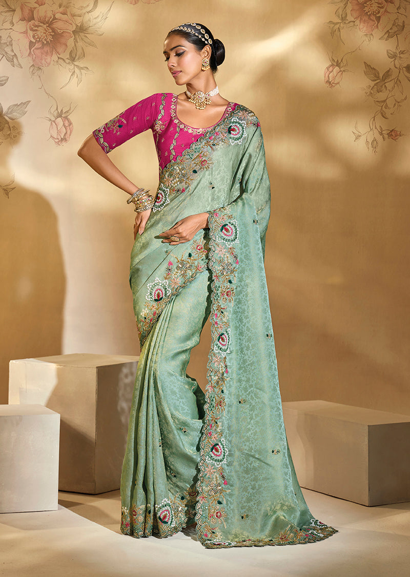 Monjolika Fashion Surpassing Sea green Embroidery Cut Dana Moti Work Kanchipuram Silk Saree