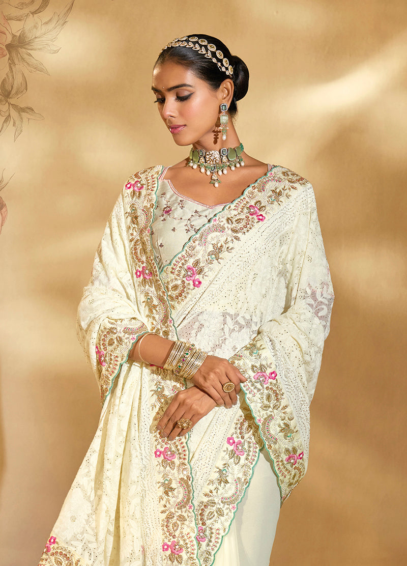 Off White Georgette Saree with Cut Dana and Moti Embroidery