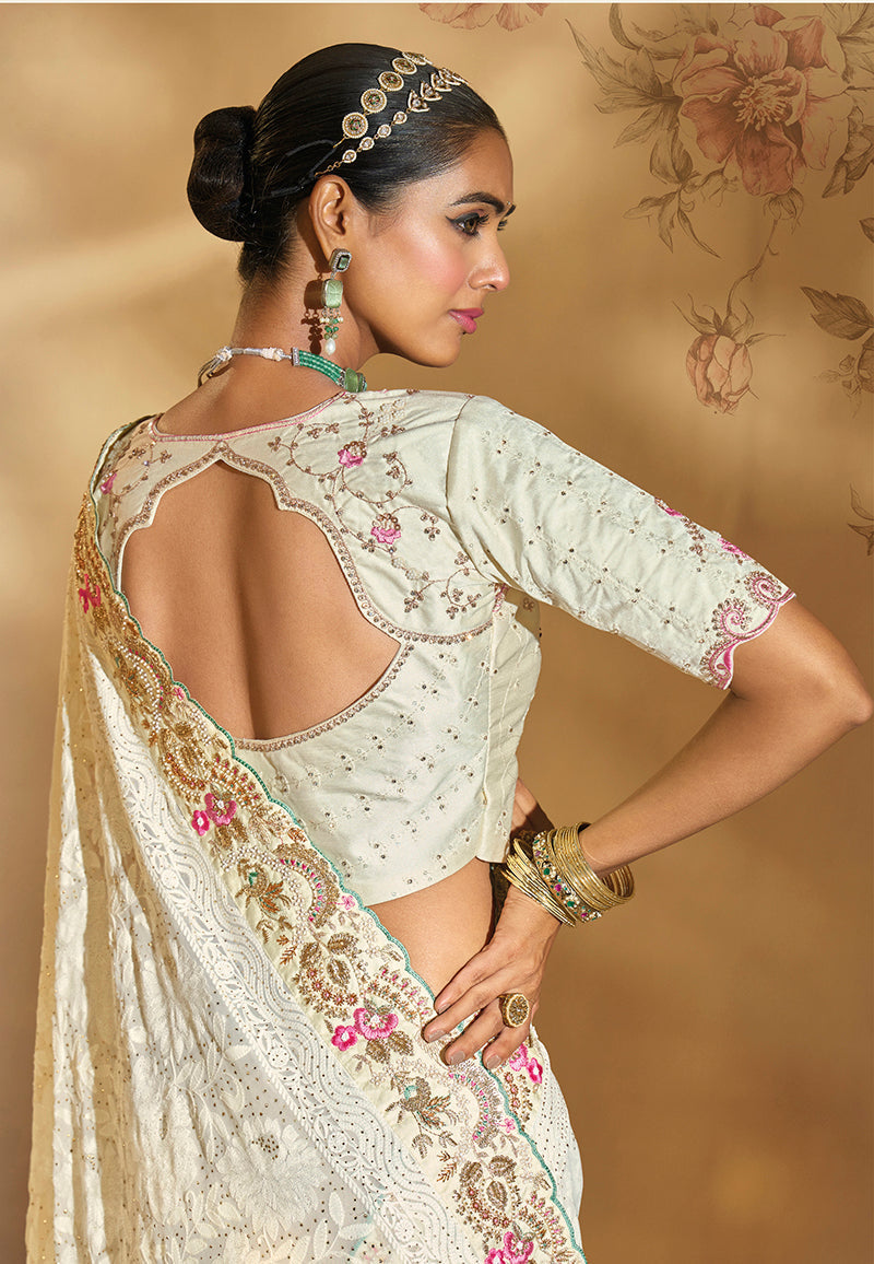 Off White Georgette Saree with Cut Dana and Moti Embroidery