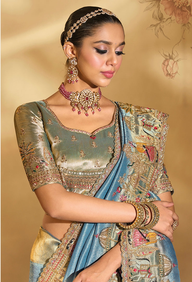 Sky Blue Silk Blend Saree with Cut Dana and Moti Work