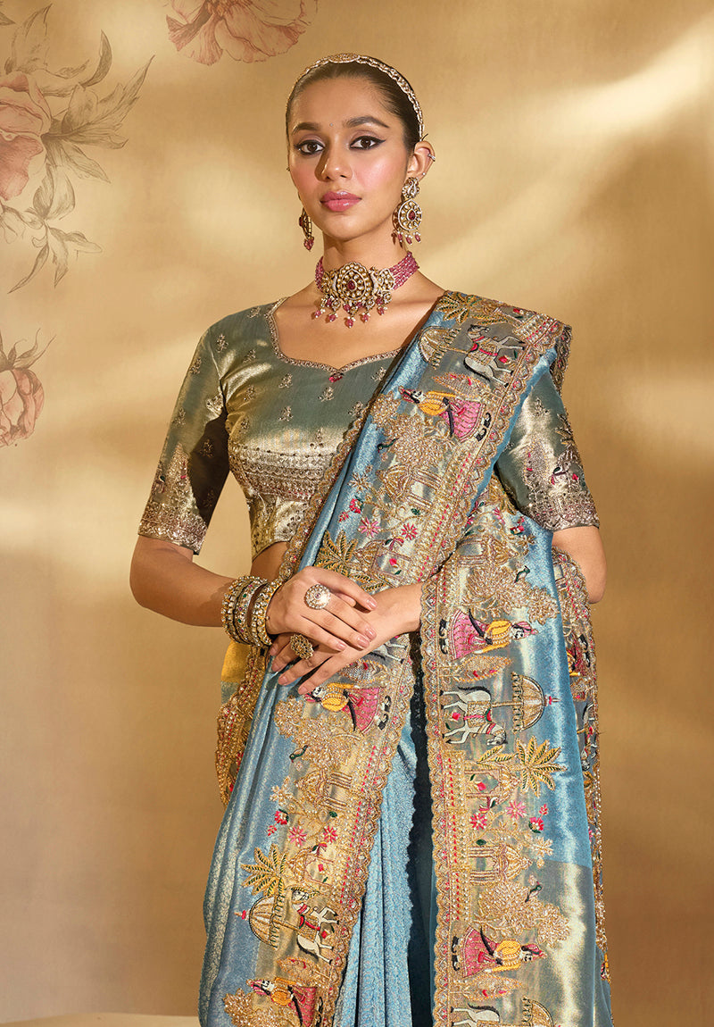 Sky Blue Silk Blend Saree with Cut Dana and Moti Work