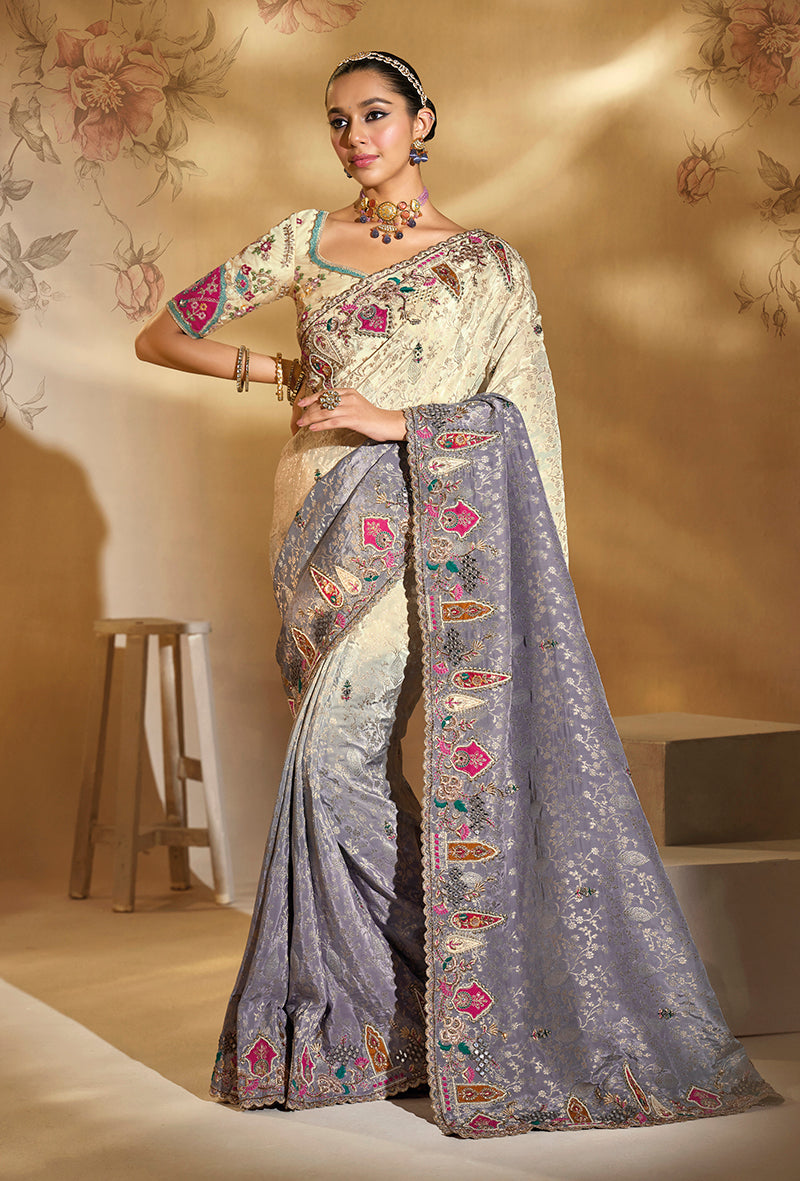 Monjolika Fashion Surpassing Multicolor Embroidery Cut Dana Moti Work Crepe Silk Saree With Heavy Work Blouse Piece