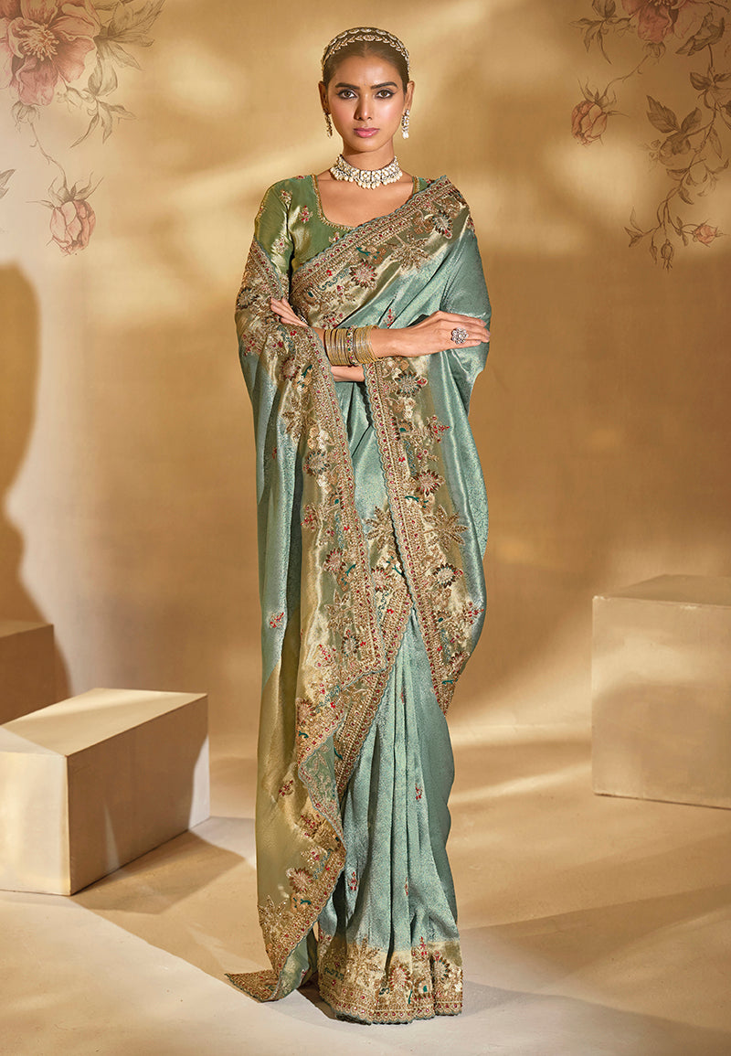 Sea Green Cut Dana Moti Work Crepe Silk Saree