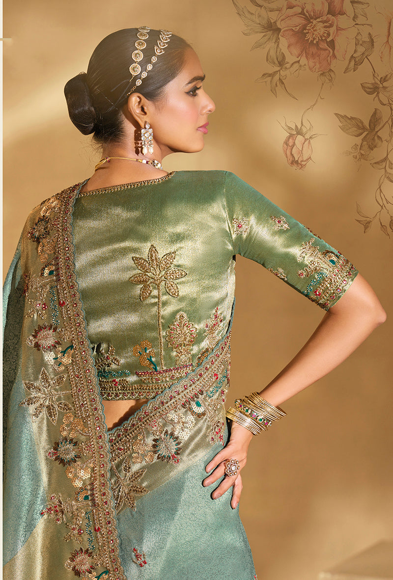 Sea Green Cut Dana Moti Work Crepe Silk Saree
