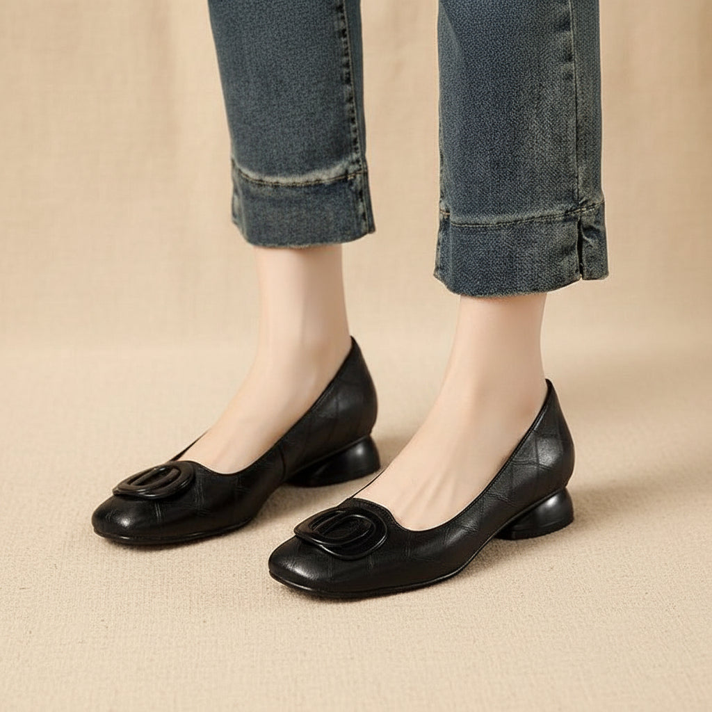 Women's Dark Brown Round Toe Slip-On Flats with Chunky Heel - Image 4