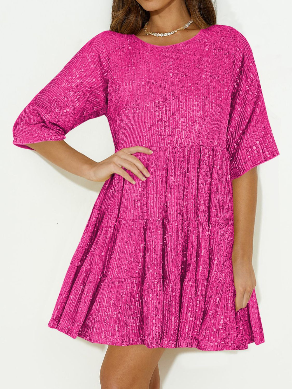 Sequin Round Neck Half Sleeve Mini Dress | Shimmer