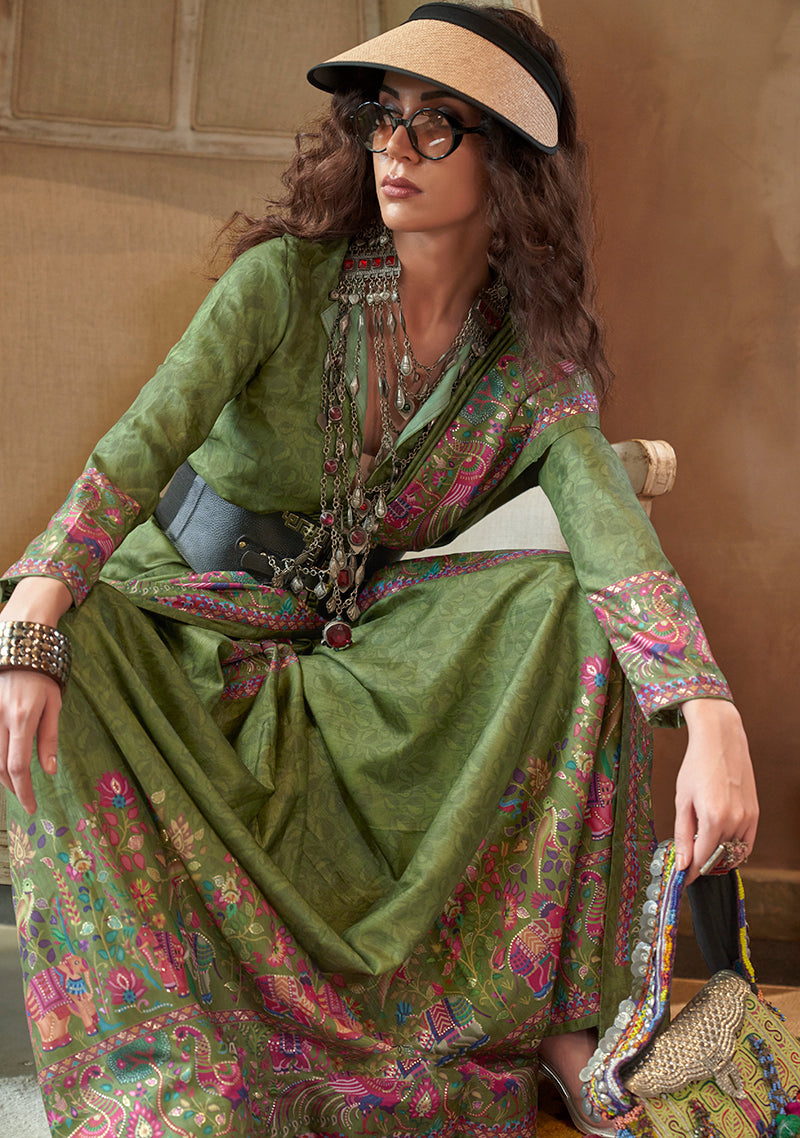 Green Silk Blend Printed Ceremonial Saree