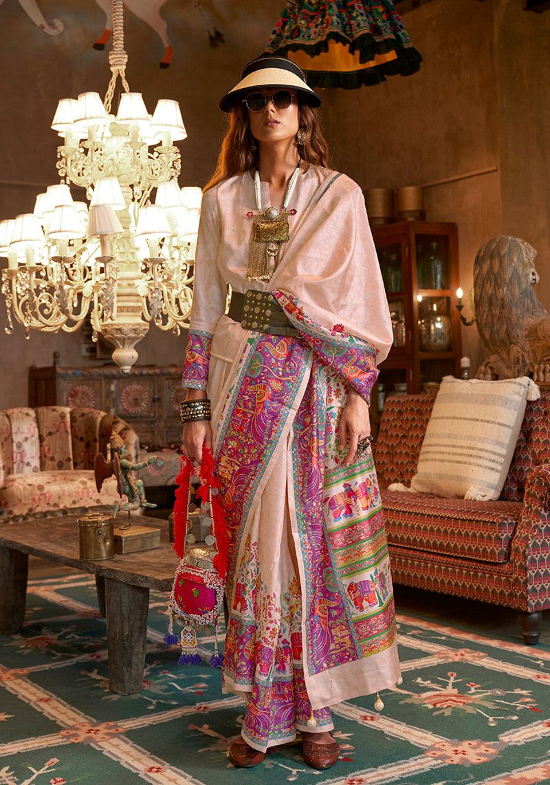 Monjolika Fashion Beige Silk Blend Printed Ceremonial Saree