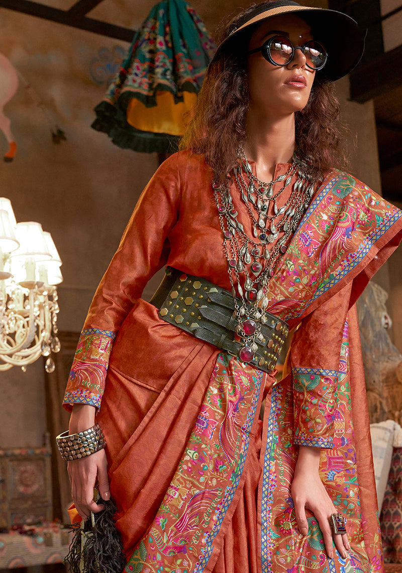 Monjolika Fashion Peach Silk Blend Printed Ceremonial Saree