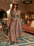 Elegant brown silk blend printed saree with traditional design motifs