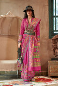 Rani pink silk blend printed saree for ceremonial occasions.