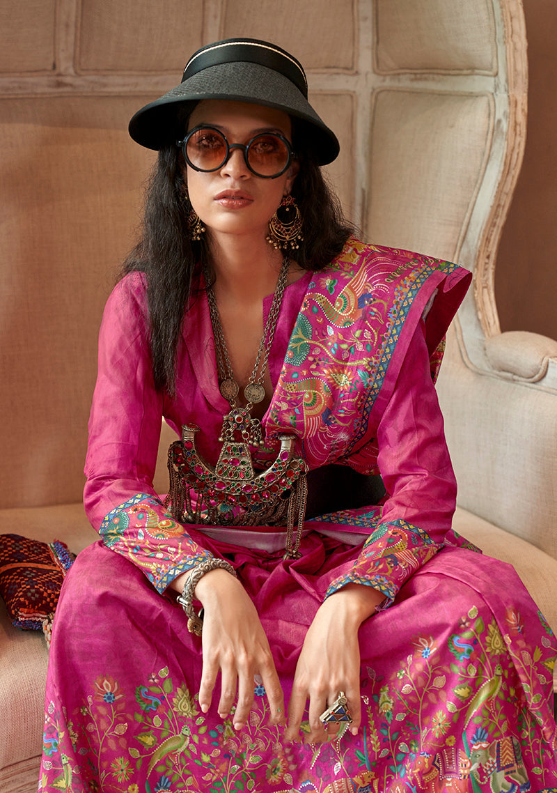 Rani Pink Silk Blend Printed Saree for Festive Ceremonies