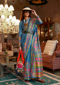 Aqua blue printed silk blend ceremonial saree for formal occasions