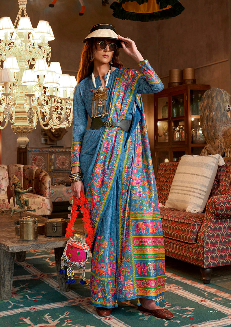 Aqua blue printed silk blend ceremonial saree for formal occasions