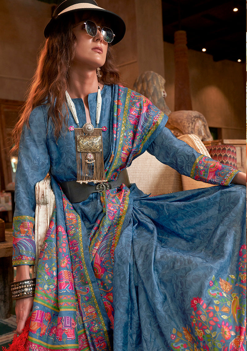 Aqua Blue Silk Blend Printed Ceremonial Saree for Women