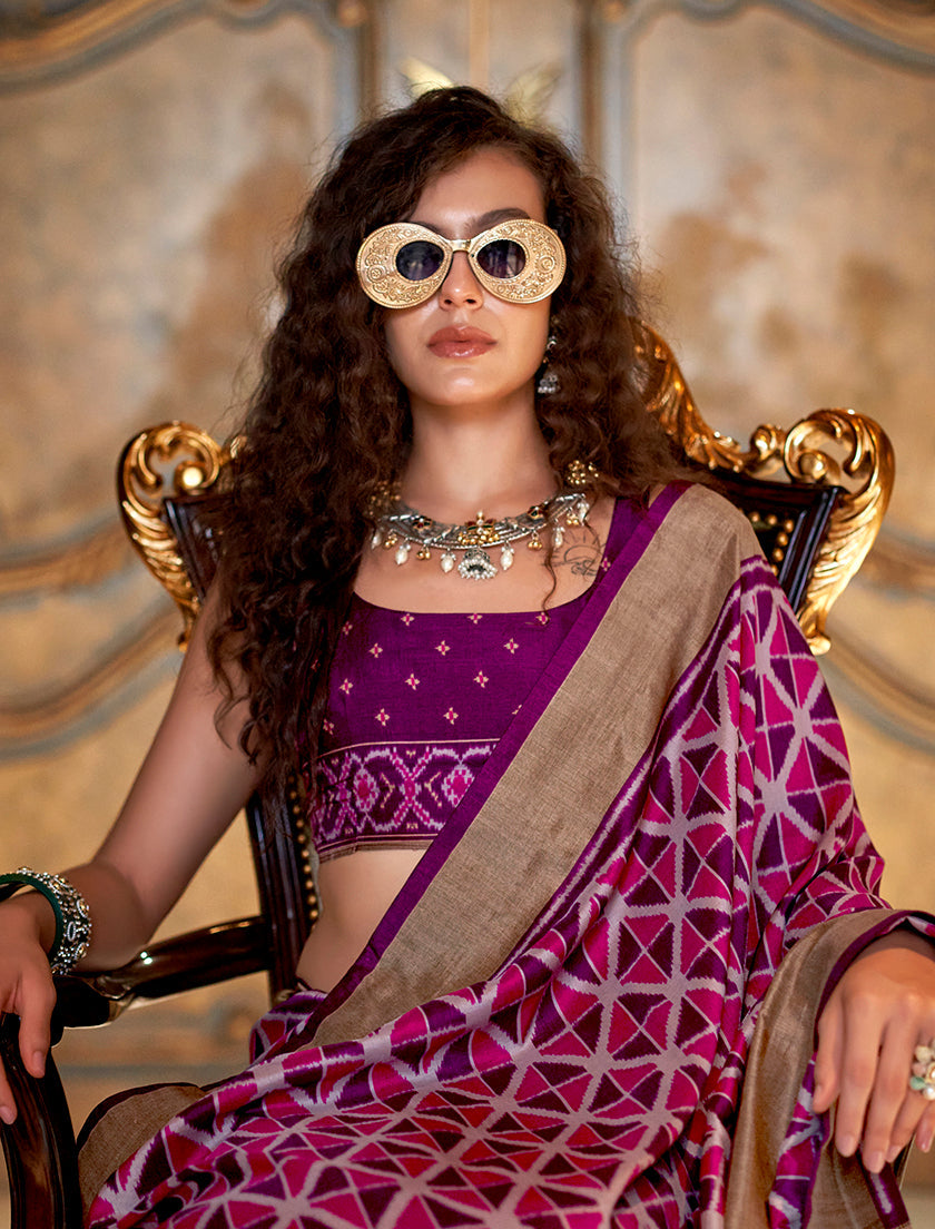 Magenta Double Ikkat Silk Blend Saree with Foil Print