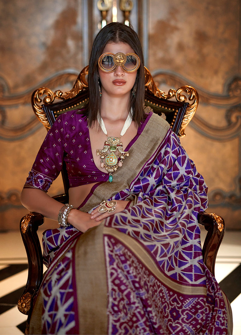 Purple Double Ikkat Silk Blend Saree with Foil Print