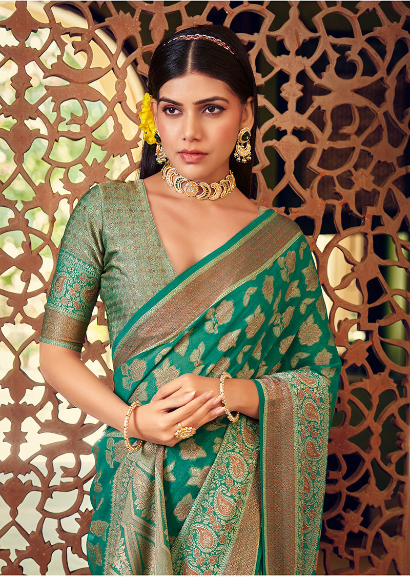 Turquoise Georgette Saree with Weaving Buta Border