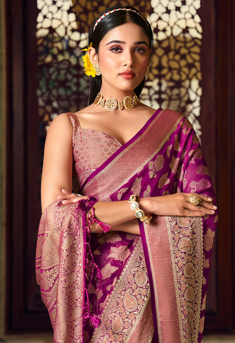 Monjolika Fashion Purple Georgette With Weaving Buta Border Pallu Classic Saree