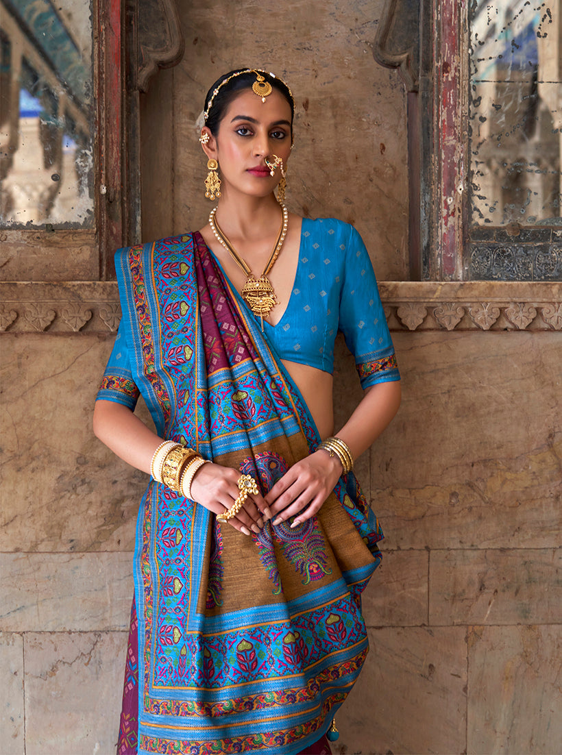 Purple & Aqua Blue Silk Blend Patola Print Saree