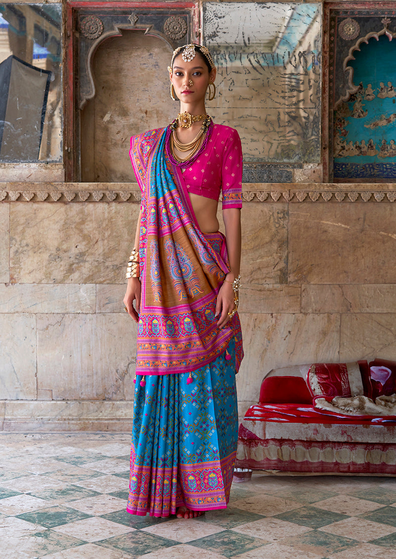 Aqua blue and pink Patola print silk blend saree for festive wear