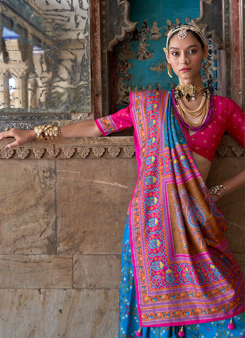 Aqua Blue and Pink Patola Print Silk Blend Festival Saree