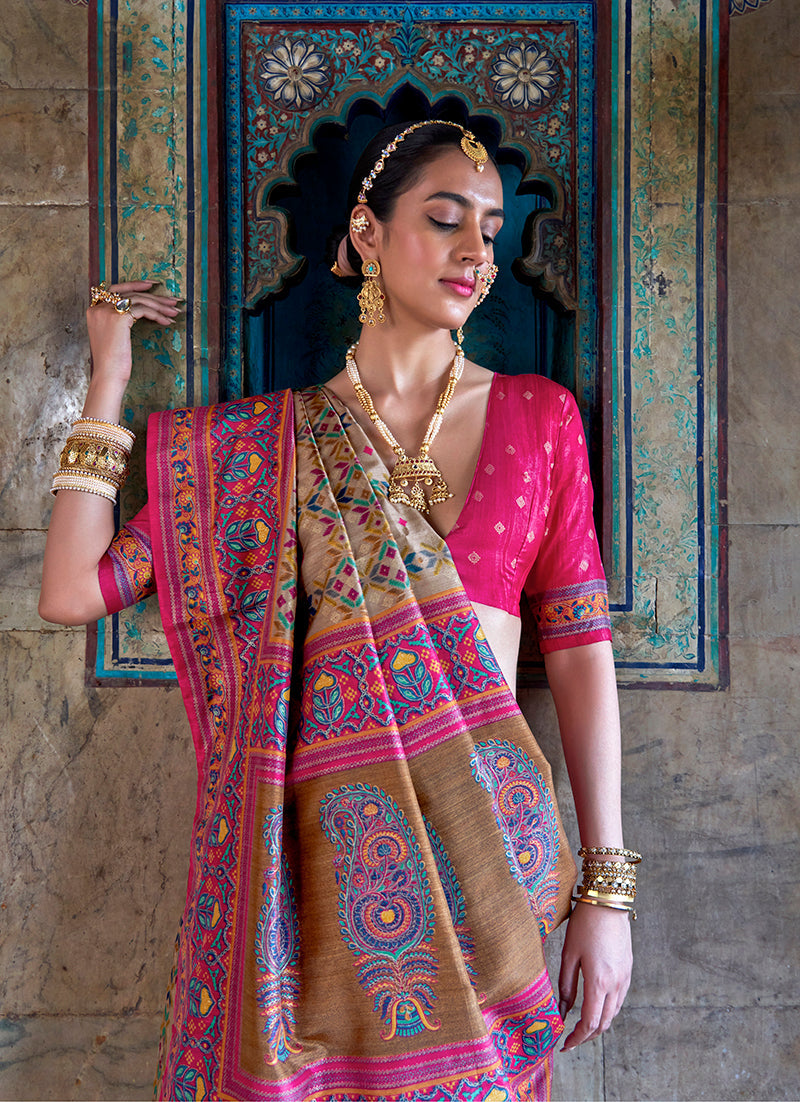 Beige and Pink Silk Blend Patola Print Festival Saree