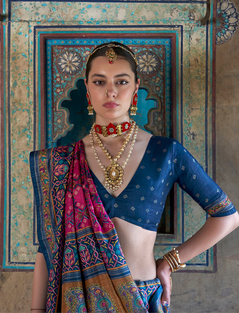 Rani Pink and Blue Silk Blend Patola Print Festive Saree