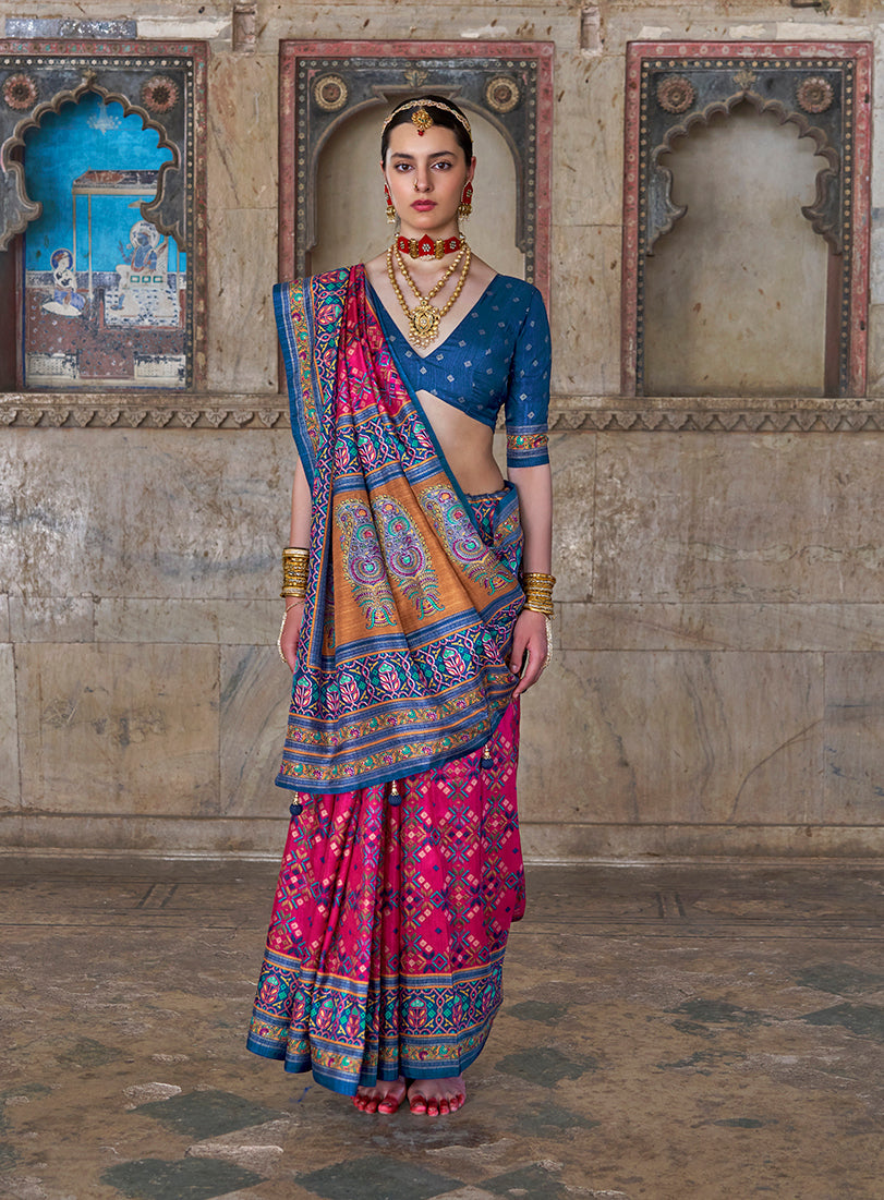 Rani pink and blue Patola print silk blend saree for festival wear