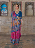 Rani pink and blue silk blend saree with classic Patola print