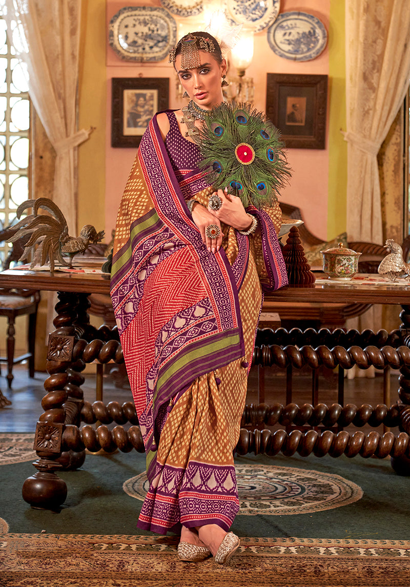 Mustard Patola Design Silk Blend Saree with Traditional Zari Work