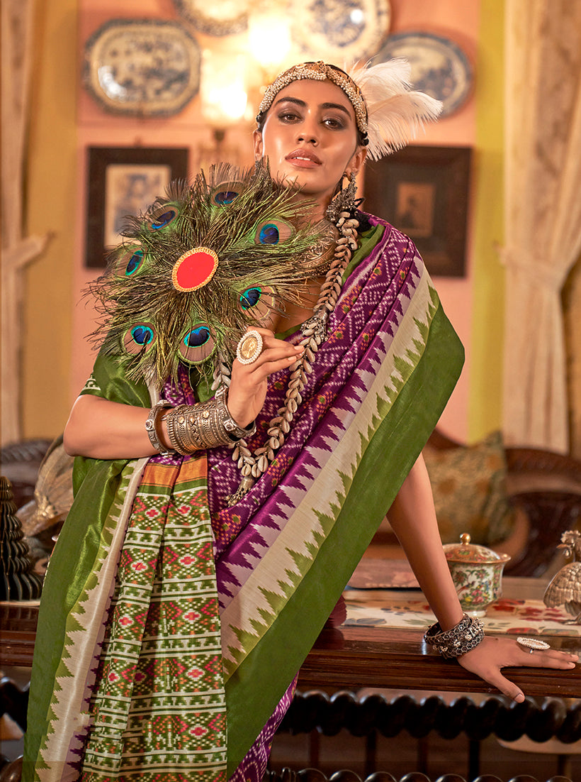 Monjolika Fashion Magenta & Olive Green Patola Design Zari Work Traditional Silk Blend Saree