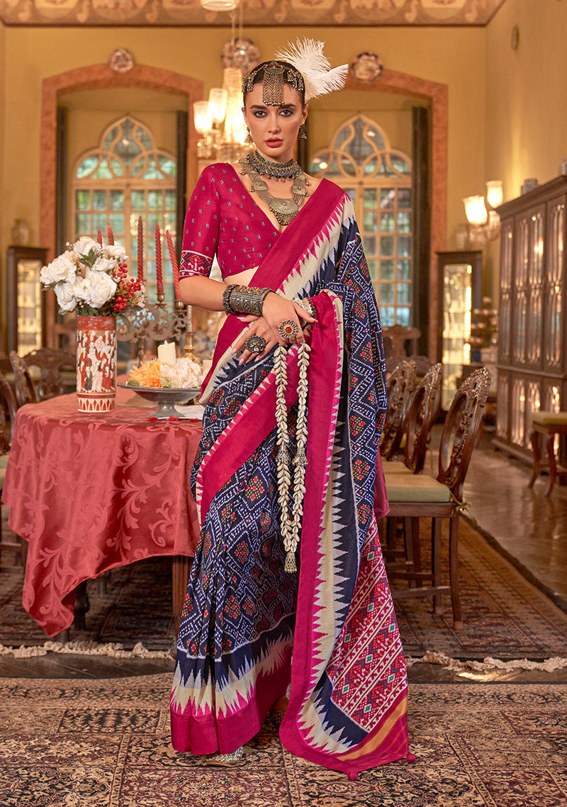 Navy blue and hot pink Patola design silk blend saree with gold Zari work