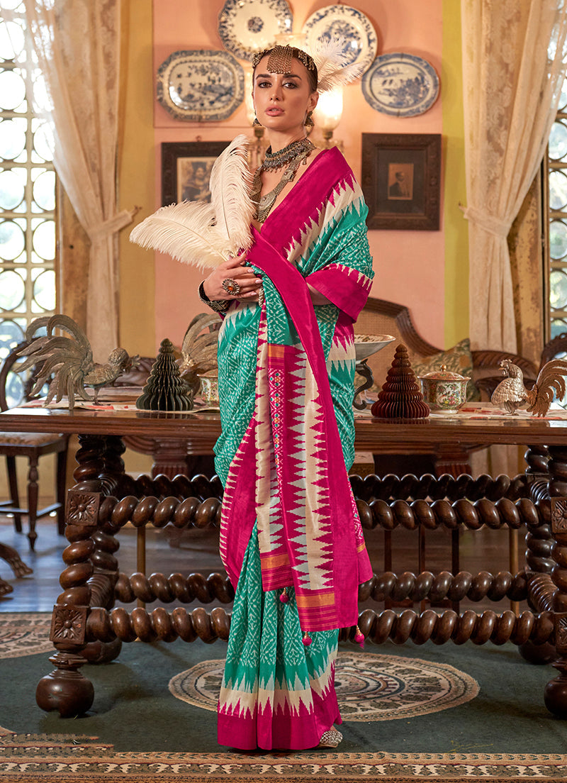 Monjolika Fashion Turquoise & Hot Pink Patola Design Zari Work Traditional Silk Blend Saree