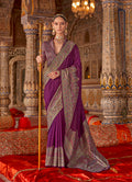 Purple silk blend traditional saree with artistic print work