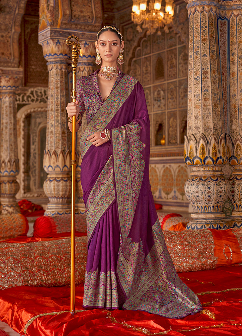 Purple silk blend traditional saree with artistic print work