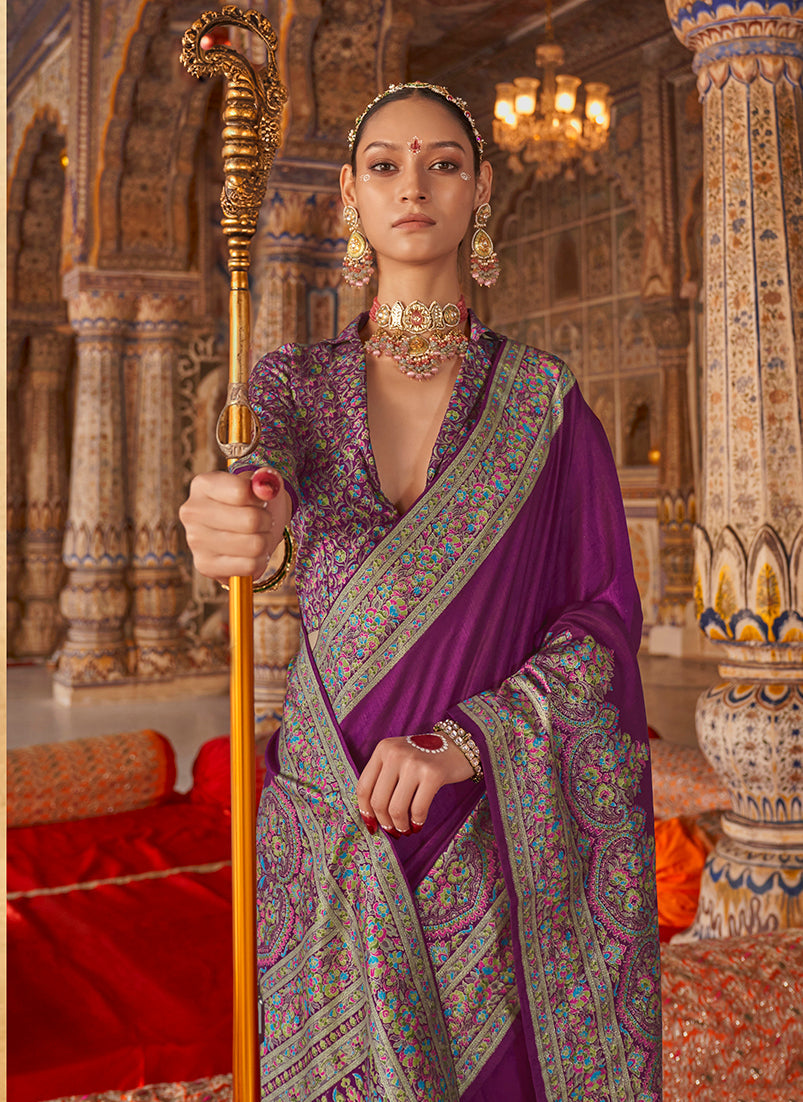 Purple Silk Blend Print Work Traditional Ceremonial Saree