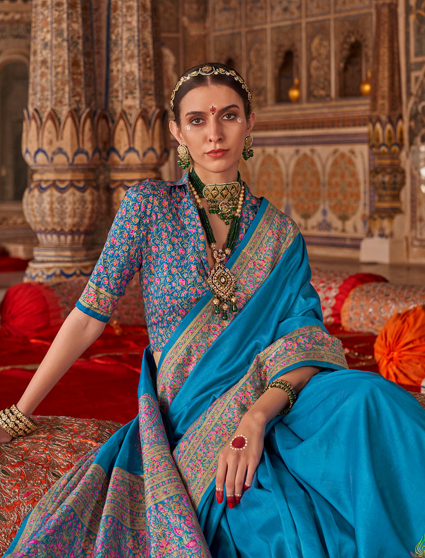 Aqua Blue Silk Blend Traditional Printed Saree for Ceremonies