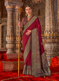 Deep maroon silk blend traditional saree featuring elegant print work