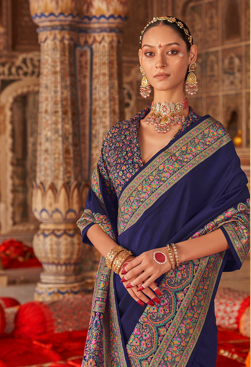Monjolika Fashion Navy Blue Silk Blend Print Work Traditional Saree for Ceremonial