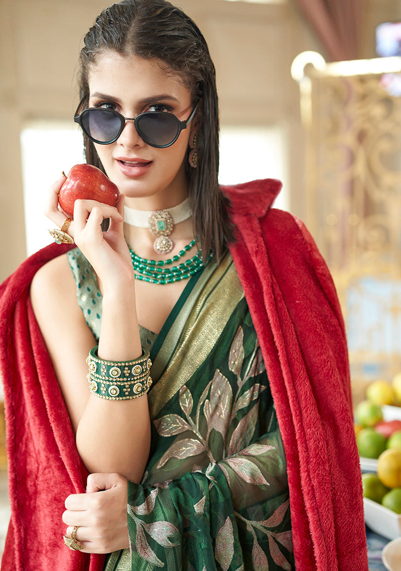Dark Green Georgette Saree with Fancy Work for Ceremonial Wear