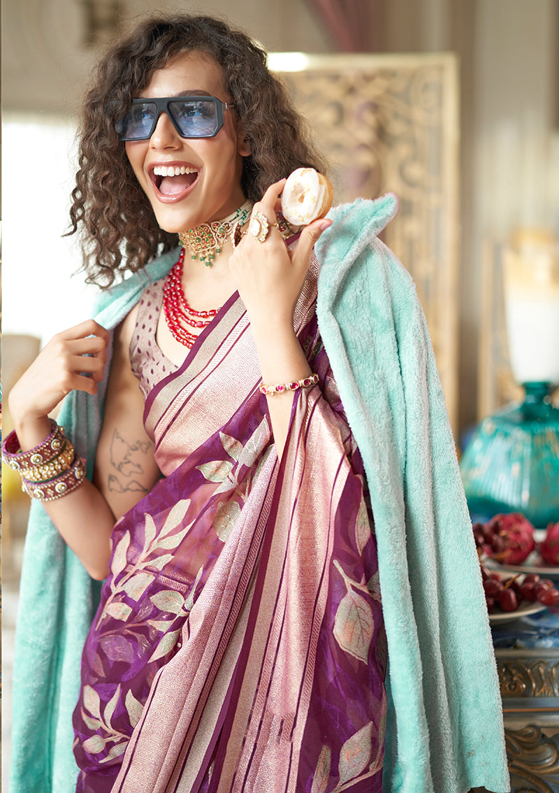 Purple Georgette Classic Saree with Fancy Embroidery Work