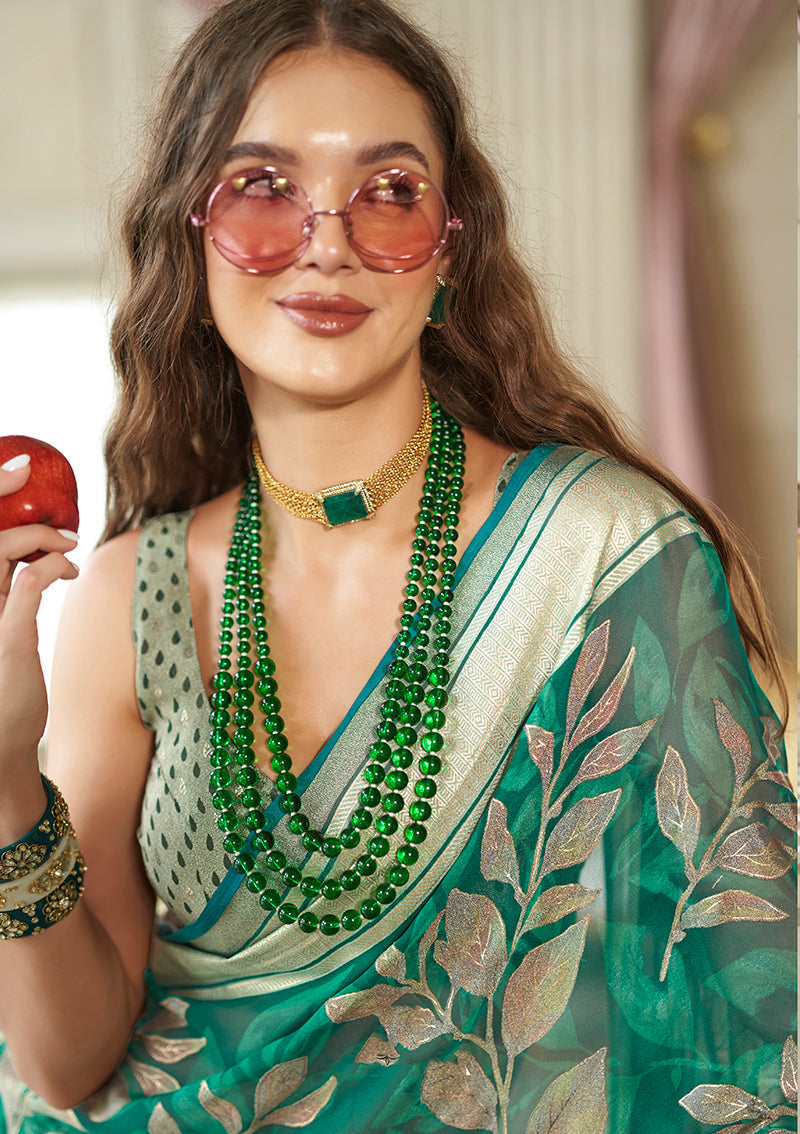 Monjolika Fashion Georgette Classic Saree with Fancy Work for Ceremonial in Sea Green