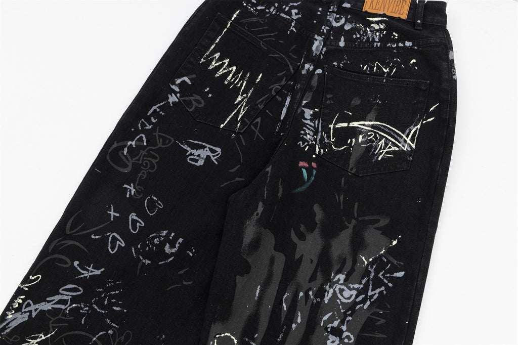 Women's Black Graffiti Print High-Waisted Wide Leg Denim Jeans - Image 2