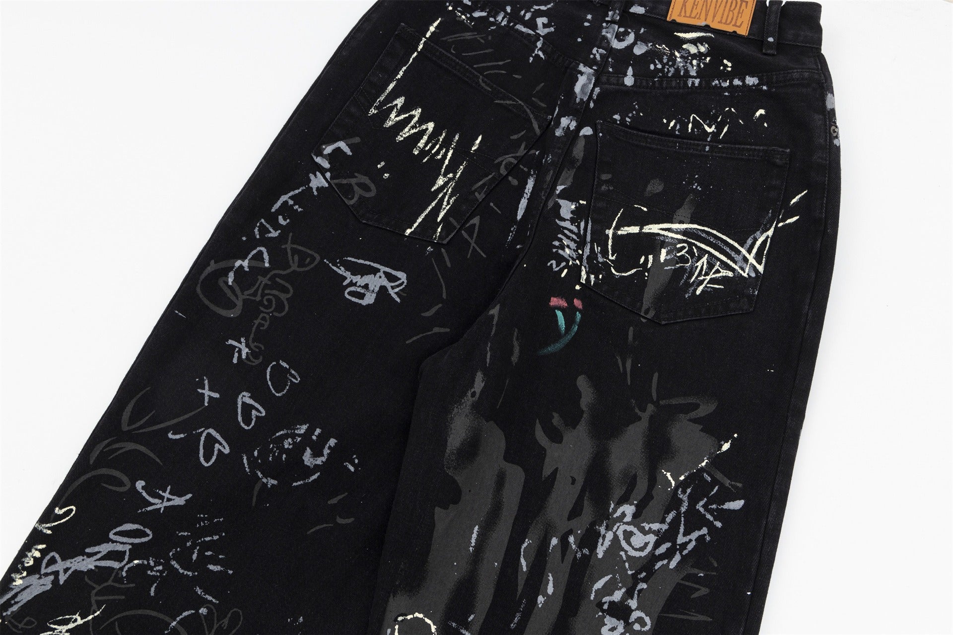 Women's Black Graffiti Print High-Waisted Wide Leg Denim Jeans - Image 2