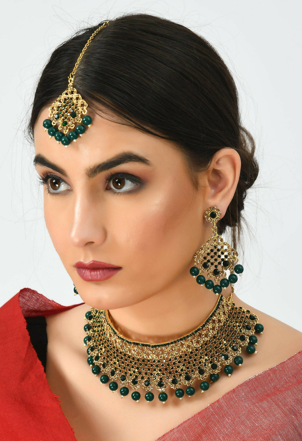 Traditional Rajwadi Design Heavy Gold and Green Necklace Set