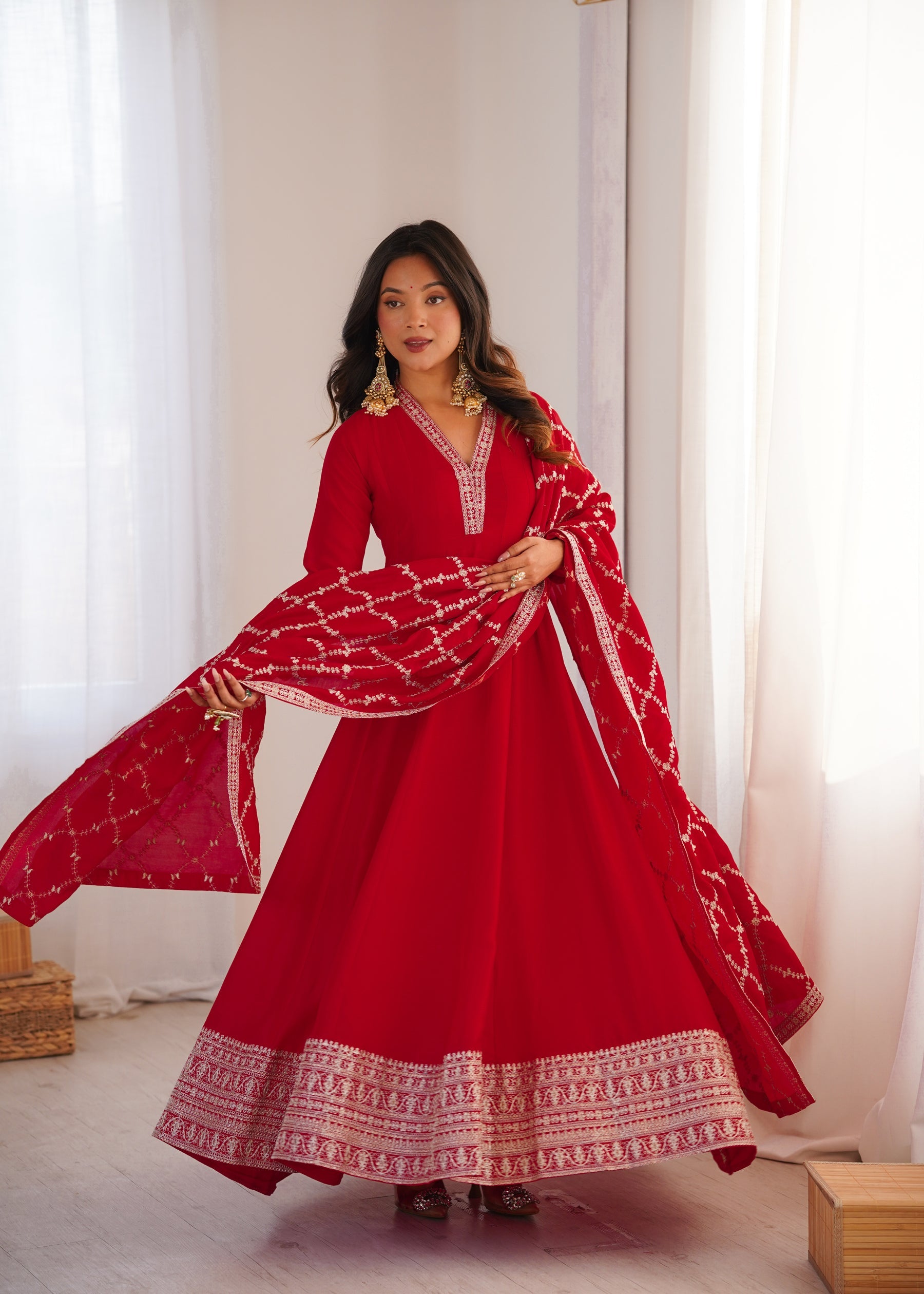 Red Vichitra Silk Anarkali Gown with Embroidery and Dupatta