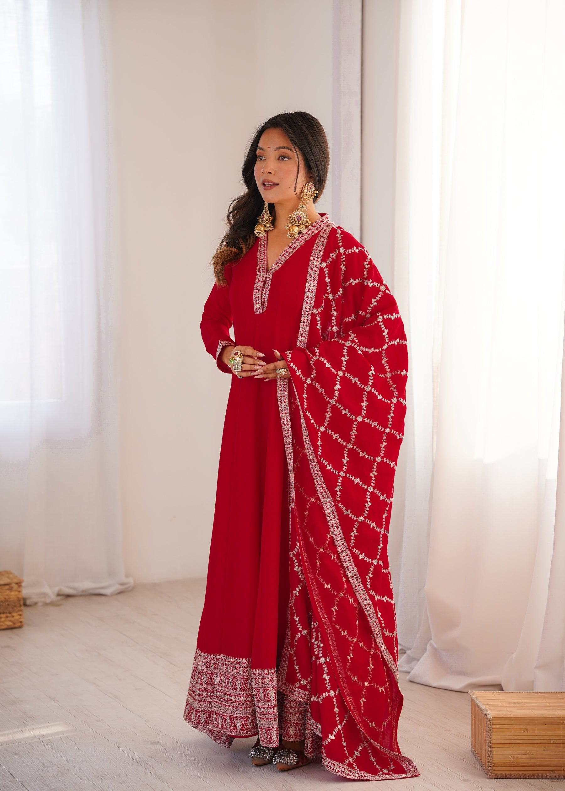 Red Vichitra Silk Anarkali Gown with Embroidery and Dupatta