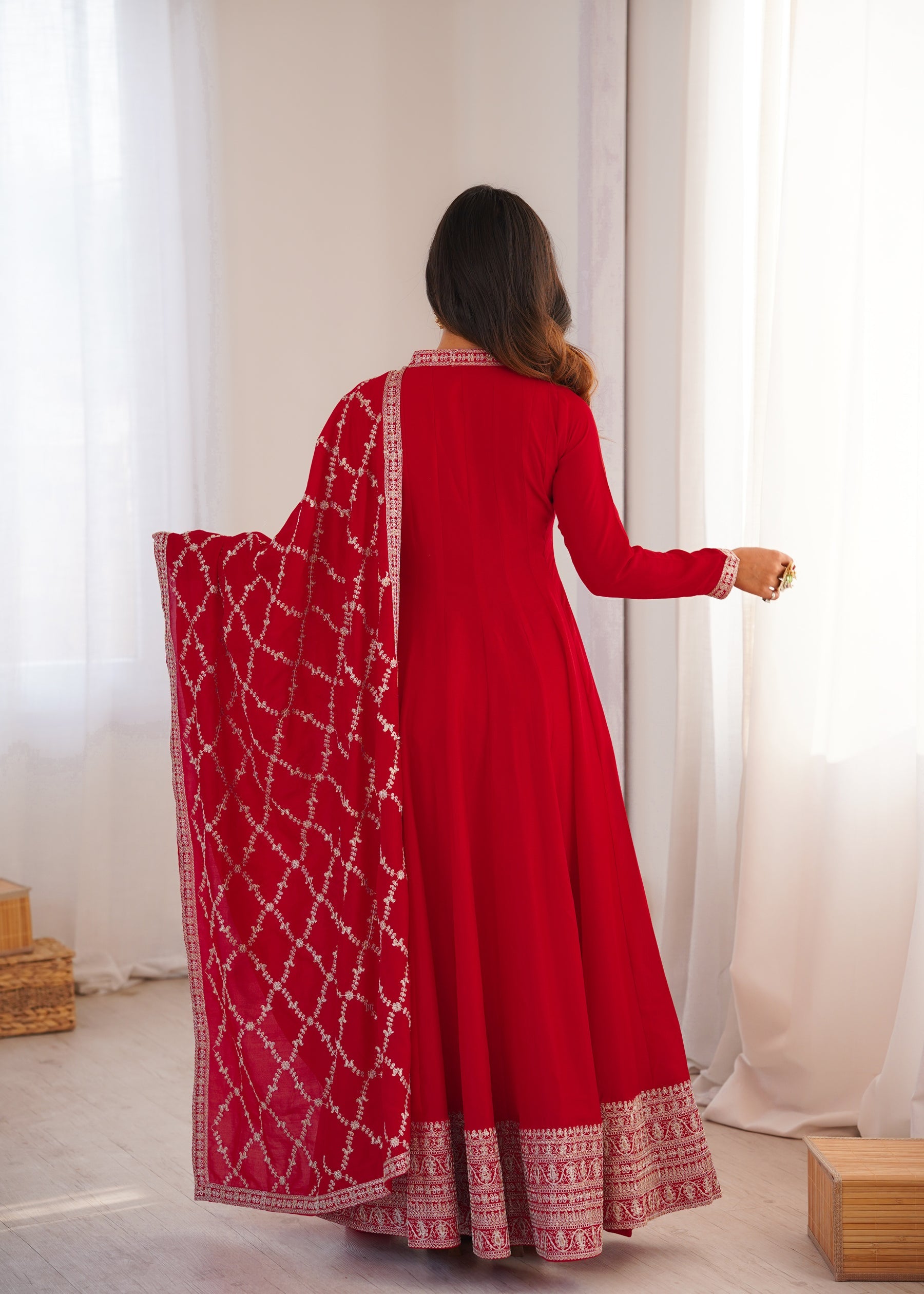 Red Vichitra Silk Anarkali Gown with Embroidery and Dupatta